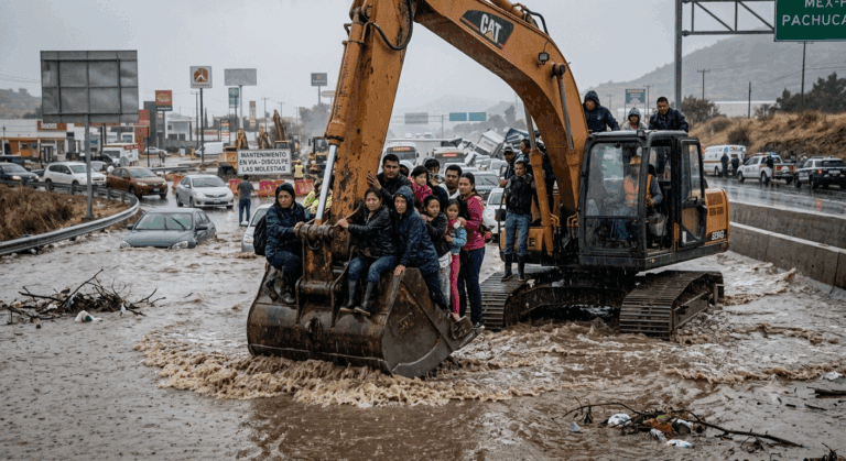 Imagen: VIDEO | “Titanic versión Pachuca”: usuarios se suben a una excavadora en medio de la inundación